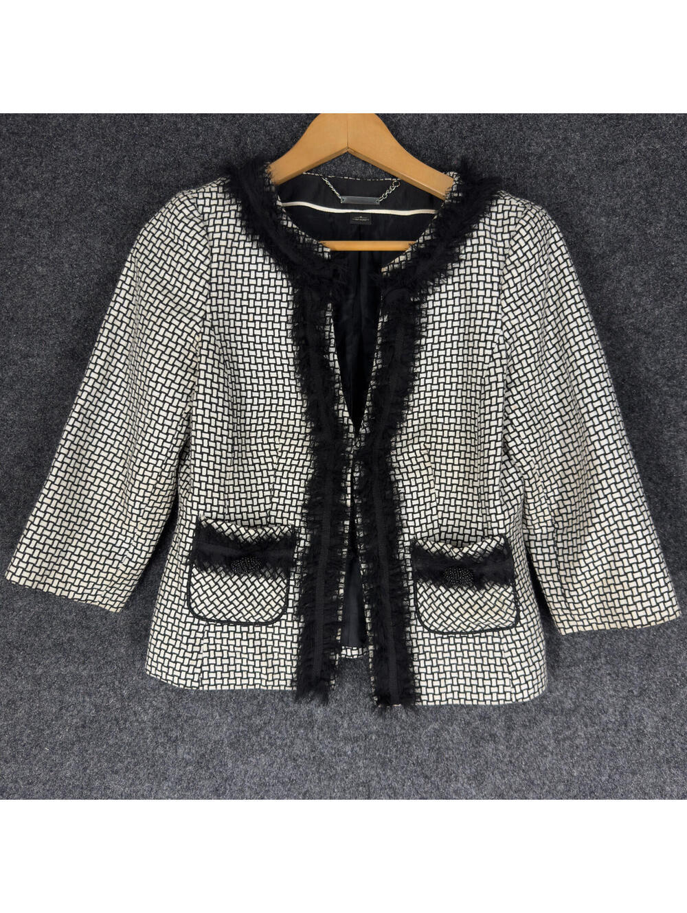 Black House White Market Blazer Women 4 White Geometric Open Front Long Sleeve